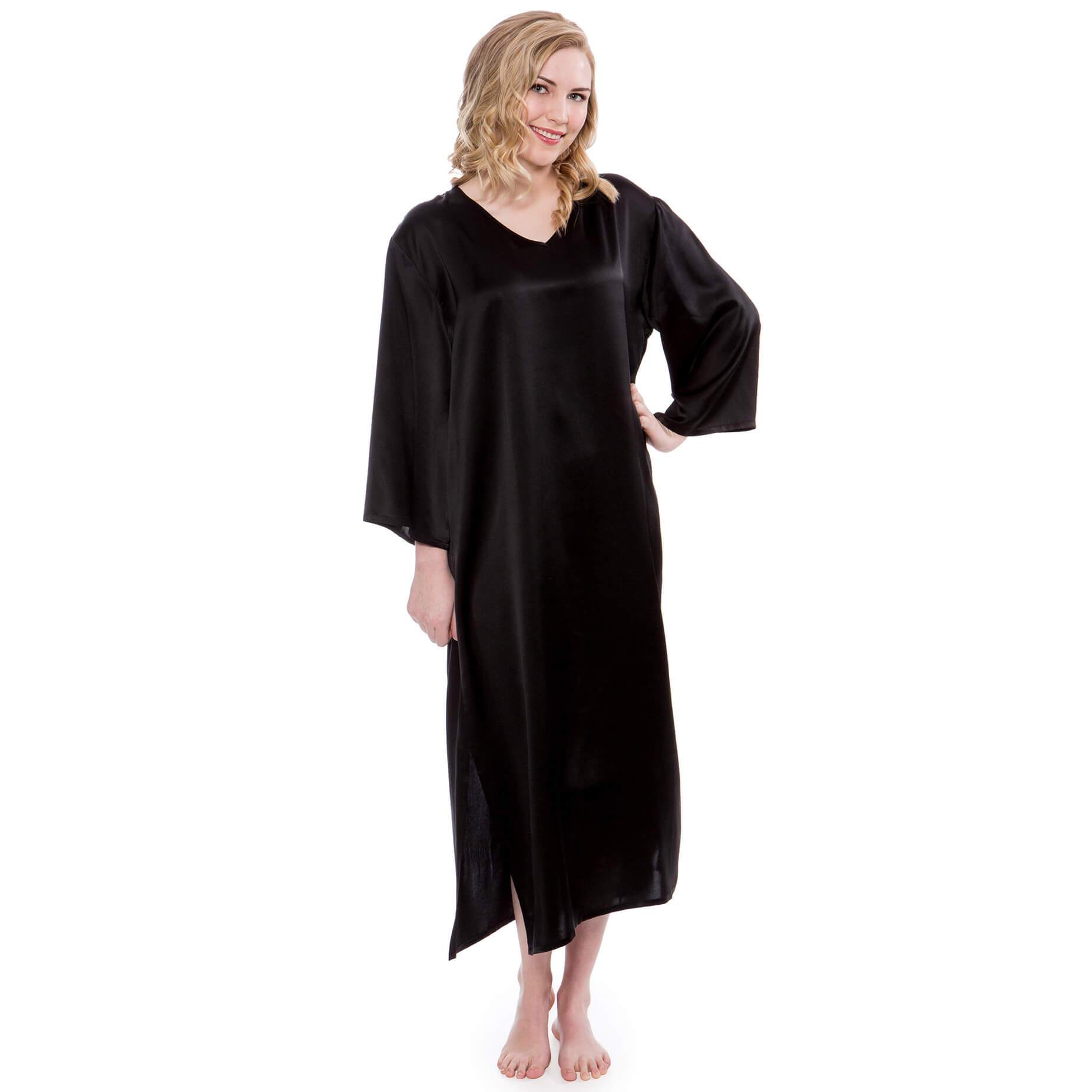 Women Loose Pullover Silk Nightwear Long Silk Dressing Gown Black XS