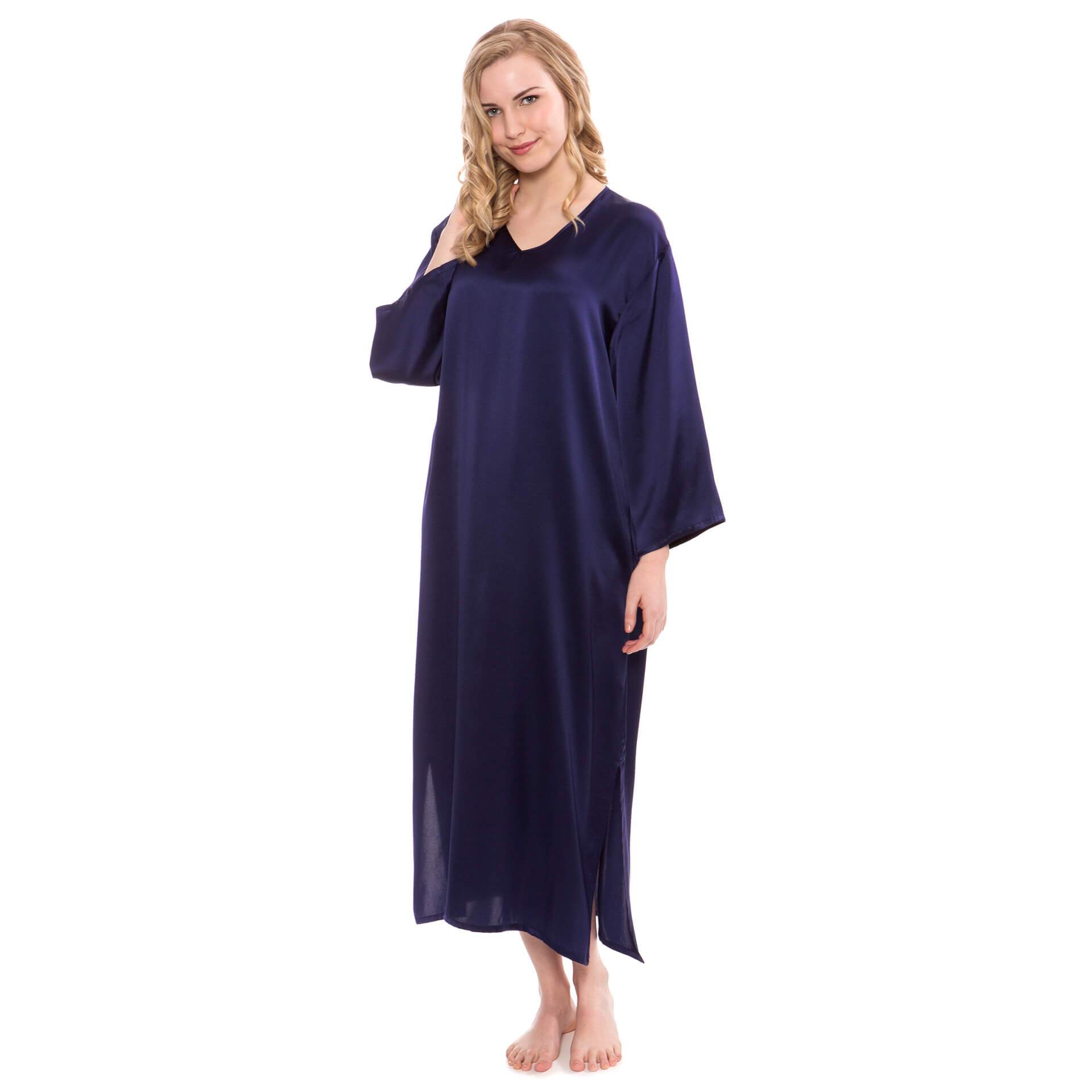 Women Loose Pullover Silk Nightwear Long Silk Dressing Gown Navy Blue XS