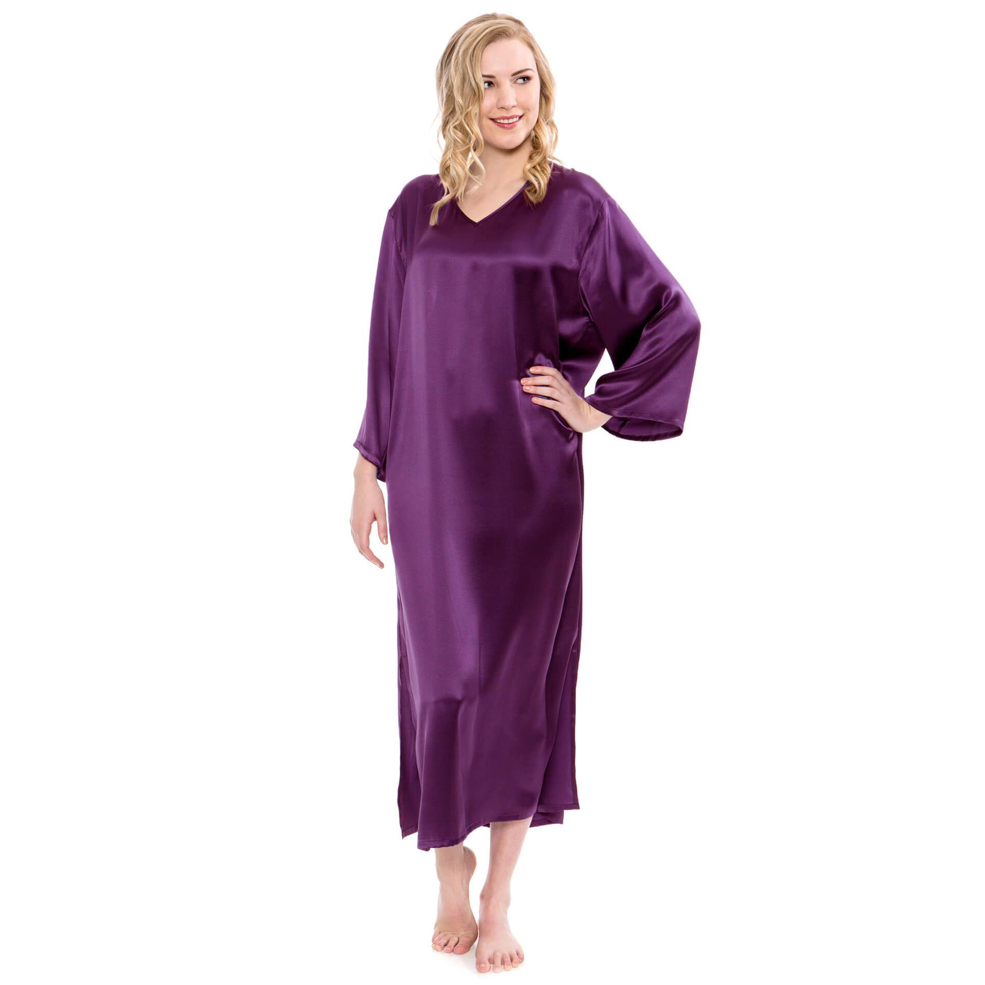 Women Loose Pullover Silk Nightwear Long Silk Dressing Gown Deep Purple XS
