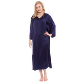 Women Loose Pullover Silk Nightwear Long Silk Dressing Gown Navy Blue XS