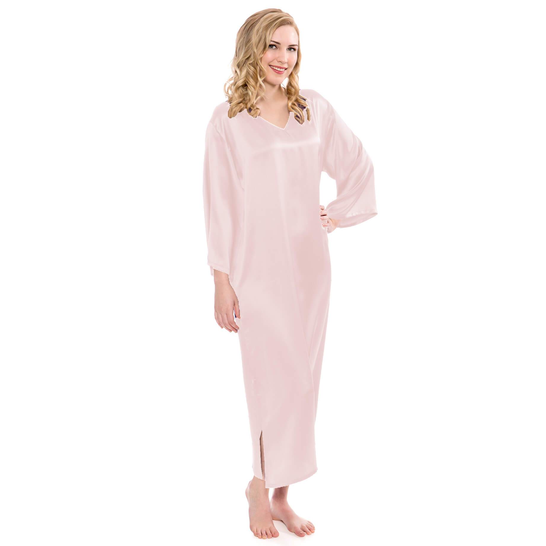 Women Loose Pullover Silk Nightwear Long Silk Dressing Gown Pink XS