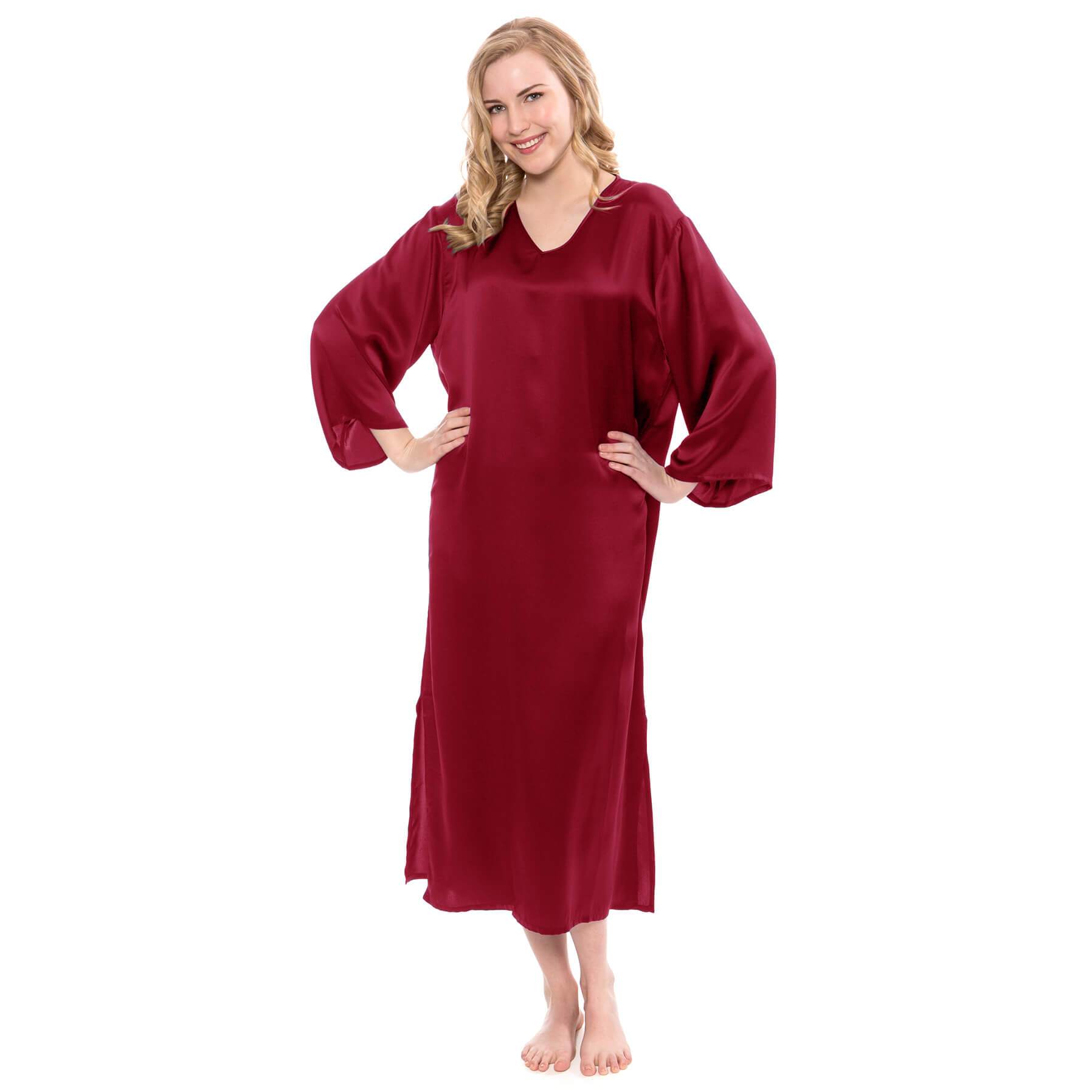 Women Loose Pullover Silk Nightwear Long Silk Dressing Gown Claret XS