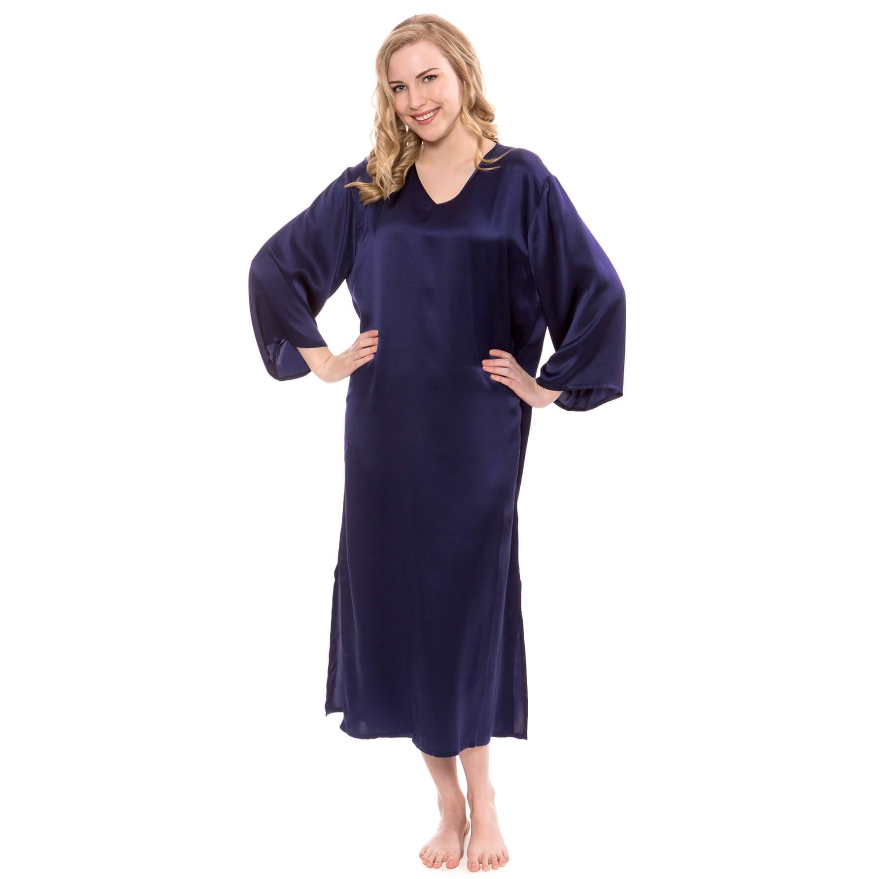 Women Loose Pullover Silk Nightwear Long Silk Dressing Gown Navy Blue XS
