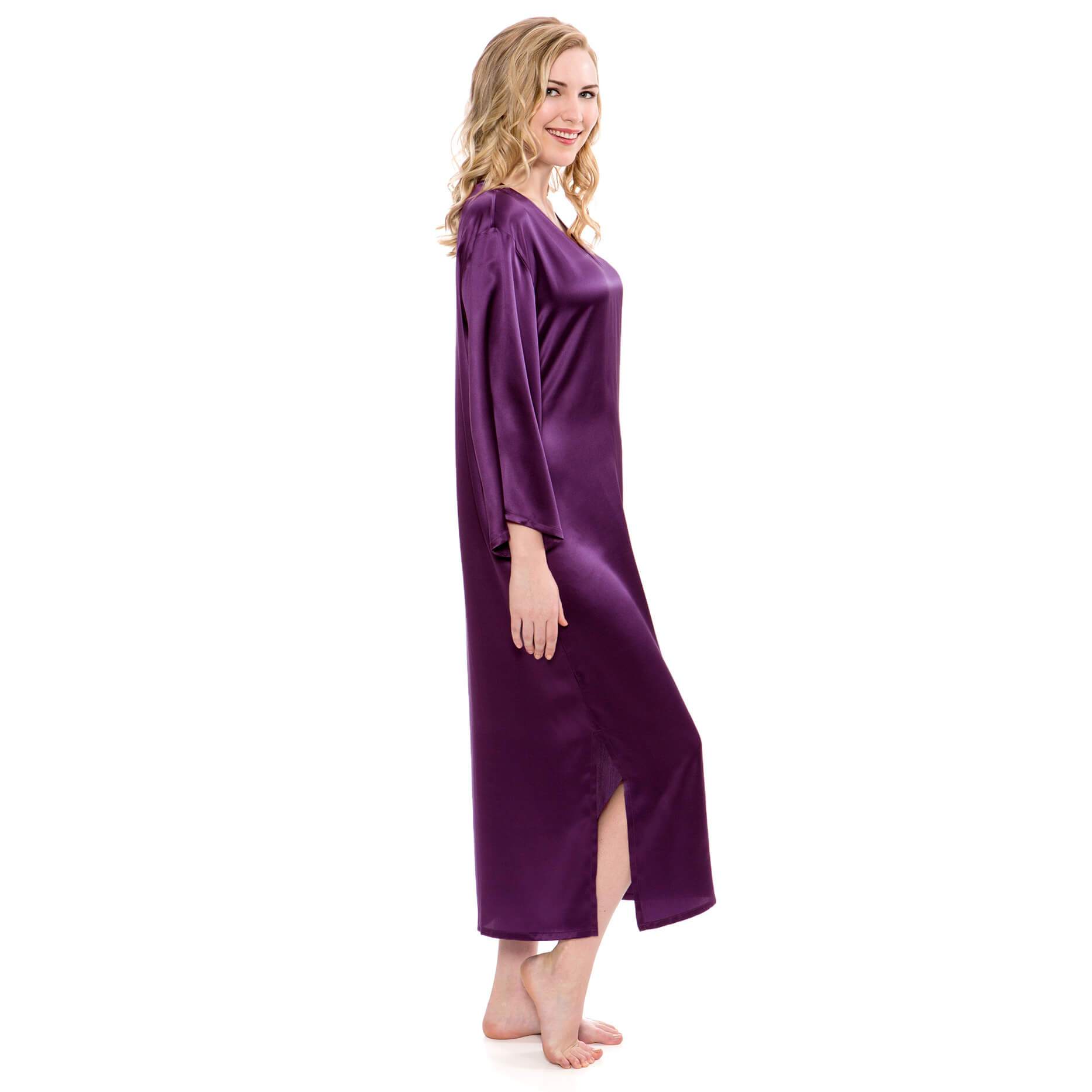 Women Loose Pullover Silk Nightwear Long Silk Dressing Gown Deep Purple XS
