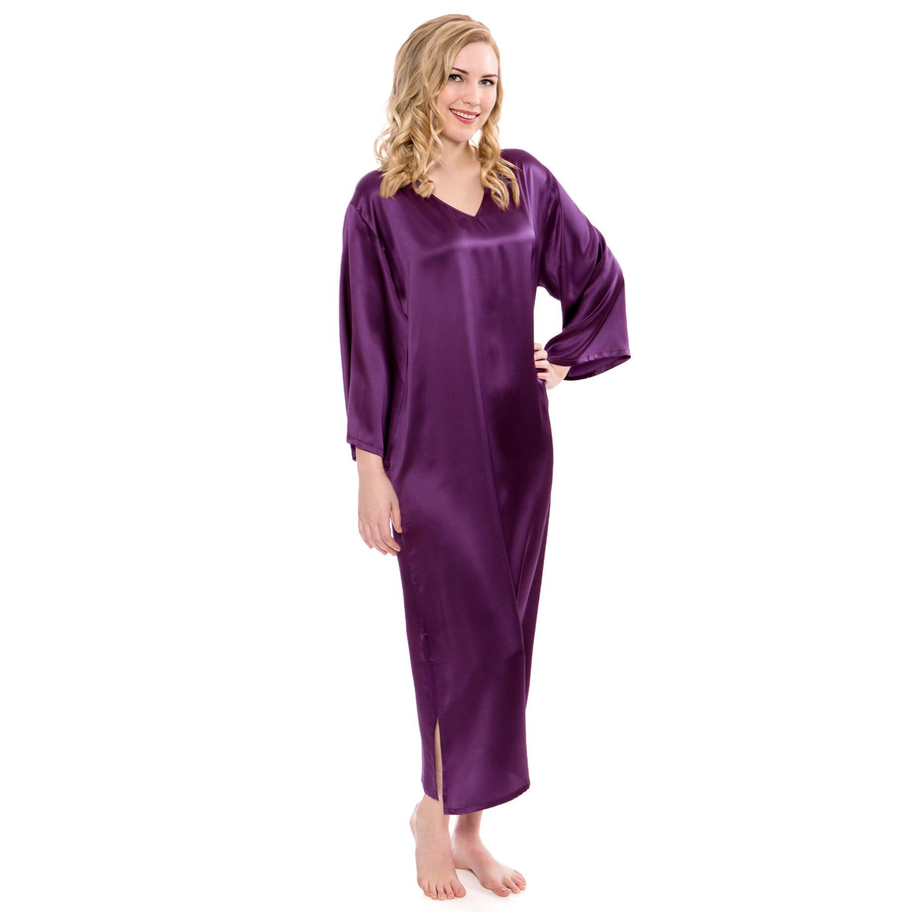 Women Loose Pullover Silk Nightwear Long Silk Dressing Gown Deep Purple XS