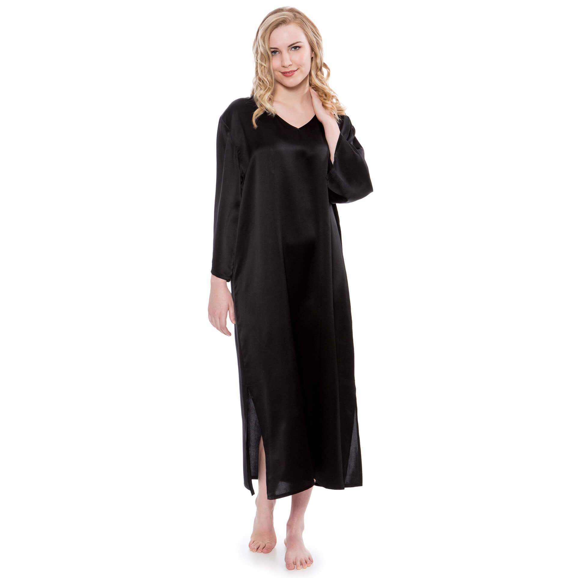 Women Loose Pullover Silk Nightwear Long Silk Dressing Gown Black XS