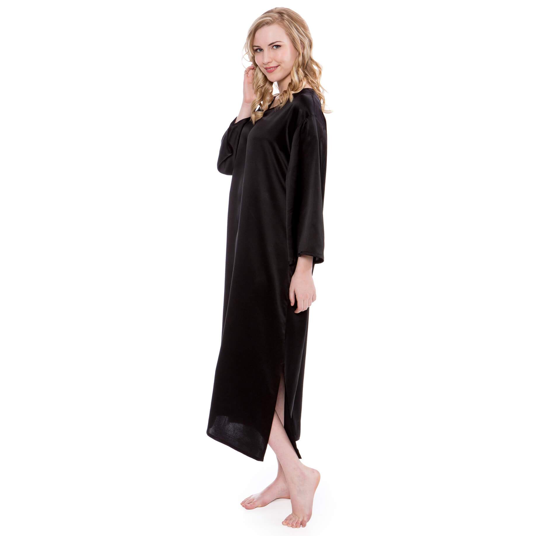 Women Loose Pullover Silk Nightwear Long Silk Dressing Gown Black XS