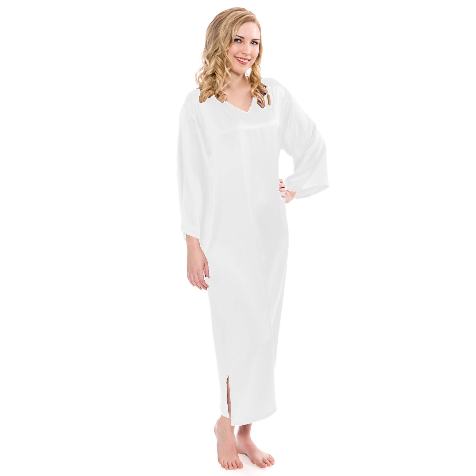 Women Loose Pullover Silk Nightwear Long Silk Dressing Gown White XS