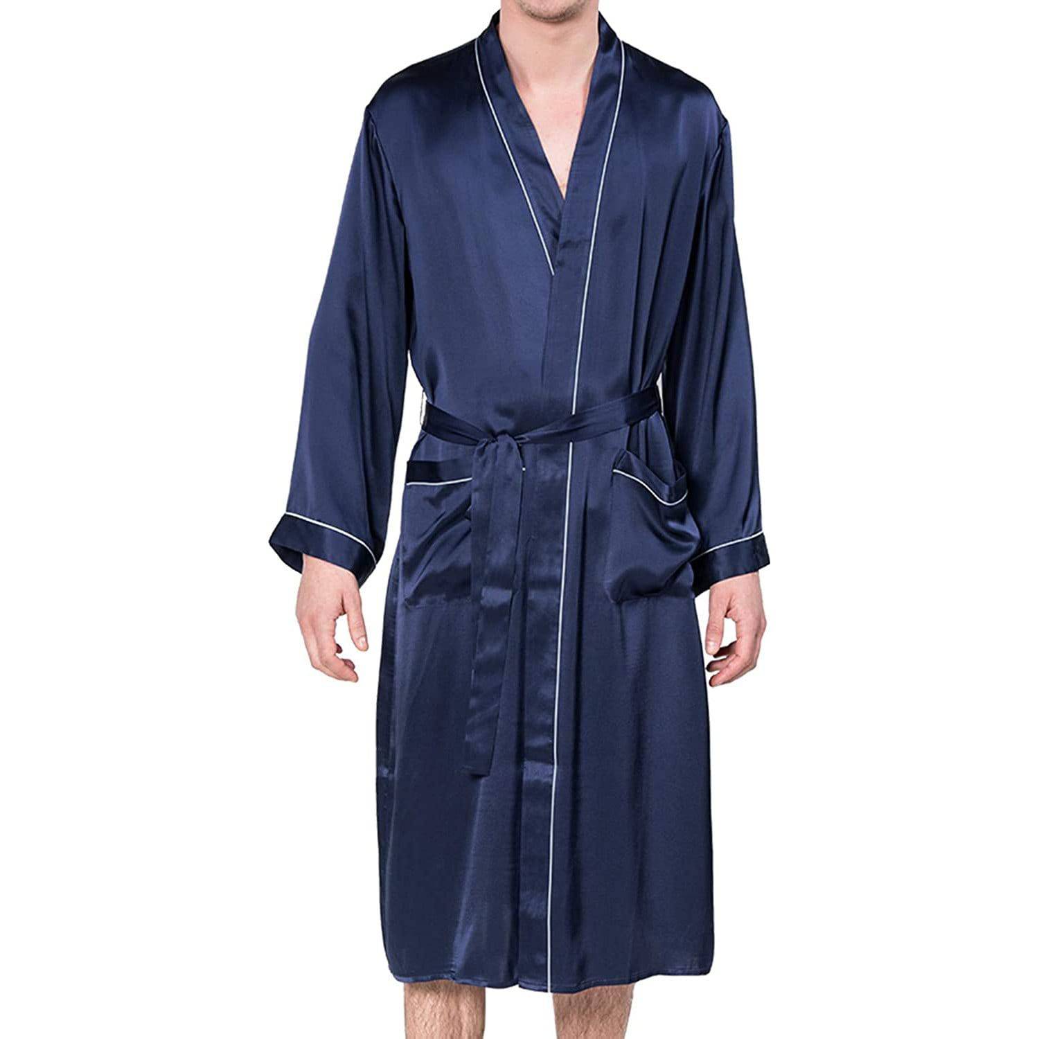 Mulberry Men's Silk Robe Luxury Long Silk Bath Robe Navy Blue XS