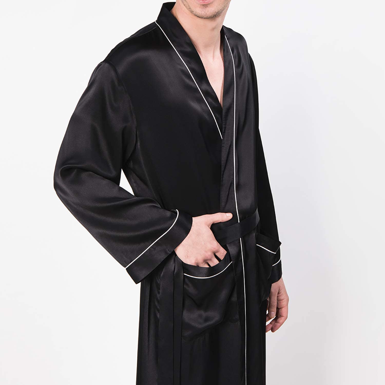 Mulberry Men's Silk Robe Luxury Long Silk Bath Robe Black XS