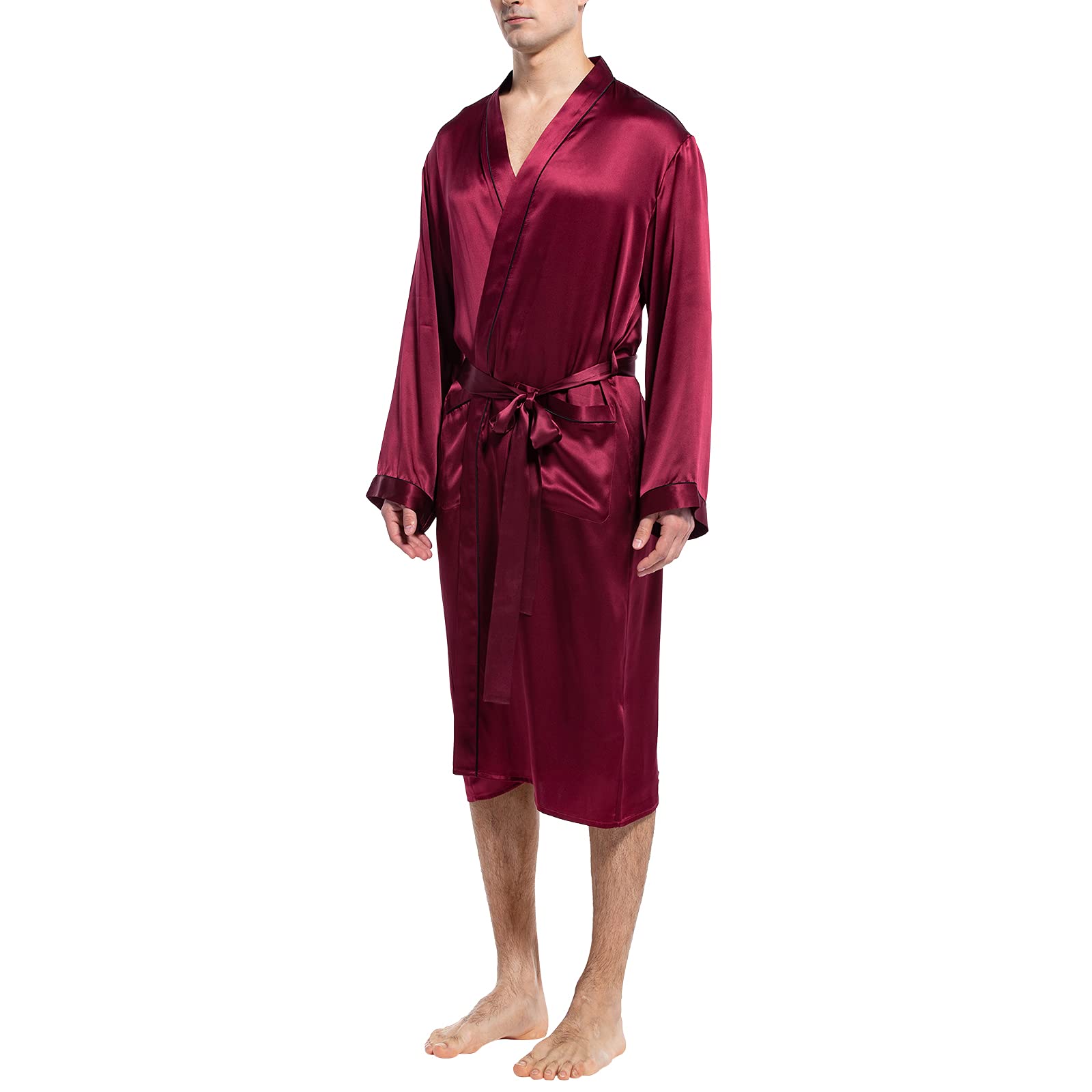 Mulberry Men's Silk Robe Luxury Long Silk Bath Robe Claret XS