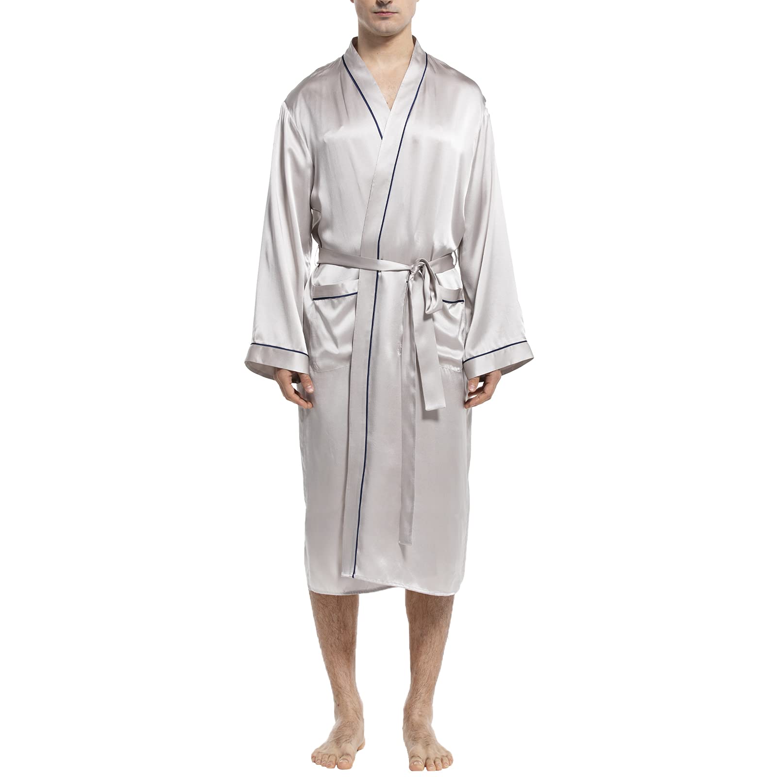 Mulberry Men's Silk Robe Luxury Long Silk Bath Robe Gray XS