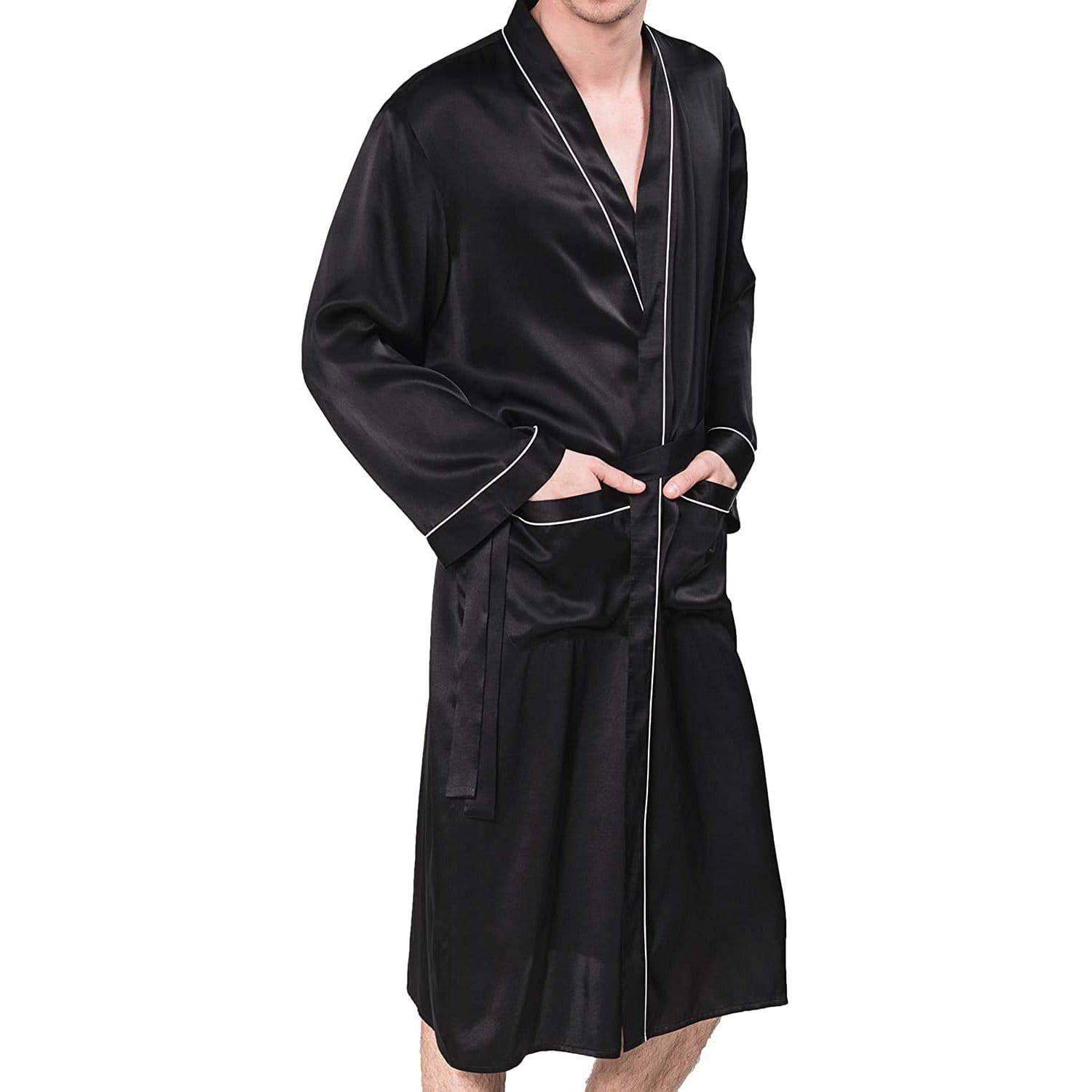 Mulberry Men's Silk Robe Luxury Long Silk Bath Robe Black XS