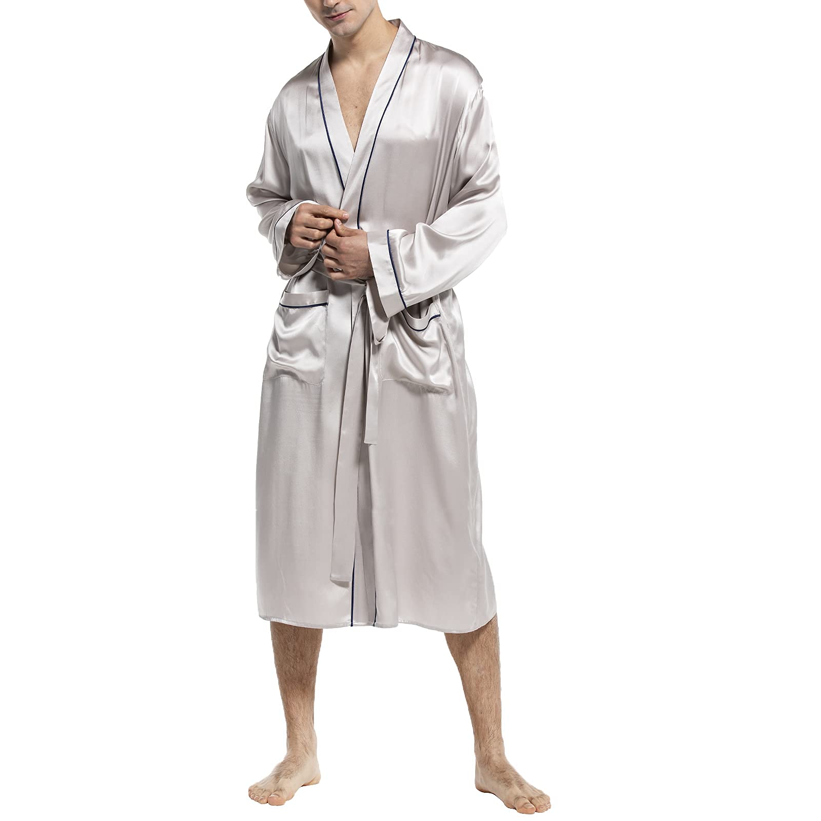 Mulberry Men's Silk Robe Luxury Long Silk Bath Robe Gray XS