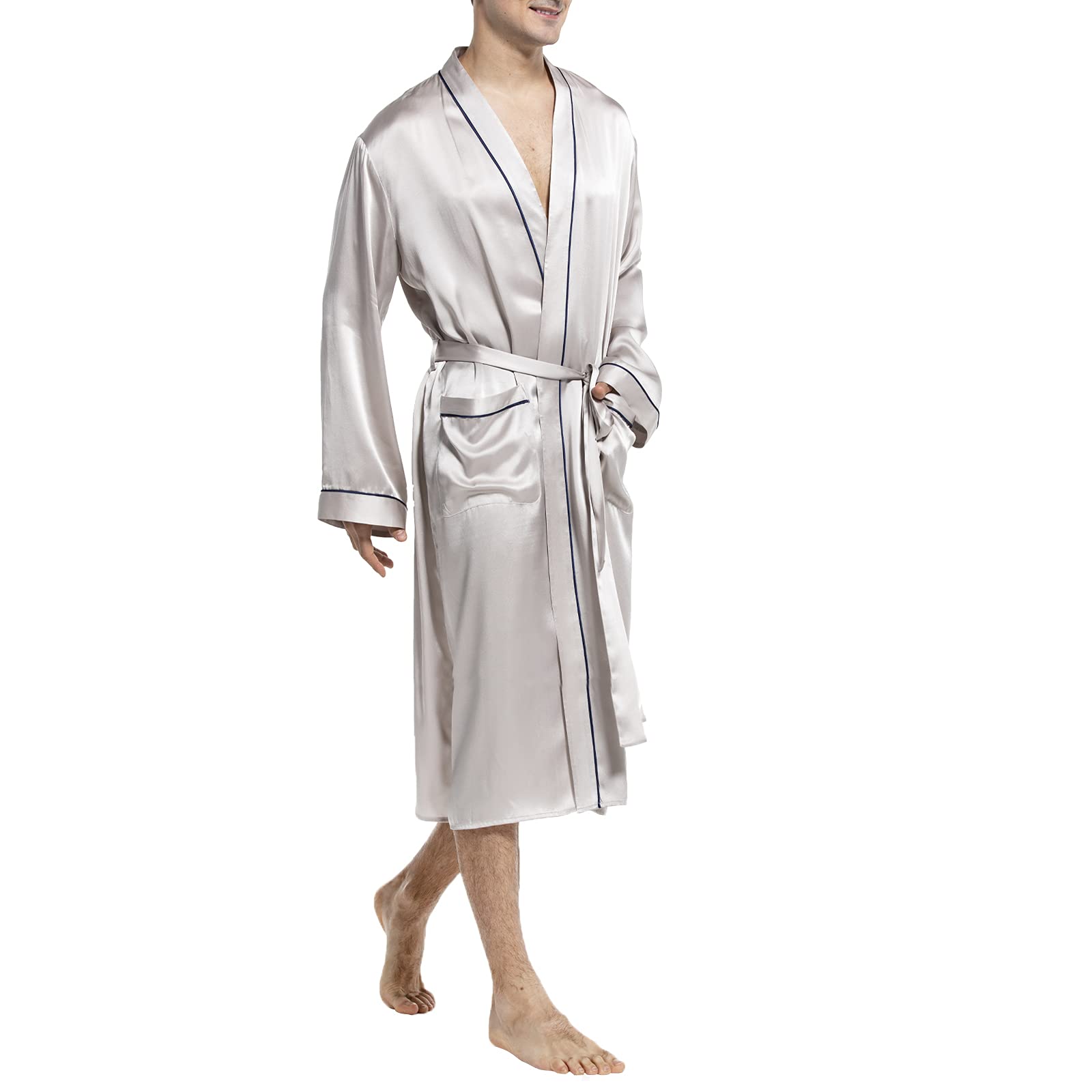 Mulberry Men's Silk Robe Luxury Long Silk Bath Robe Gray XS