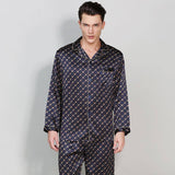 Mulberry Printed Men Silk Pajamas Long Two Piece Silk Pjs Black S