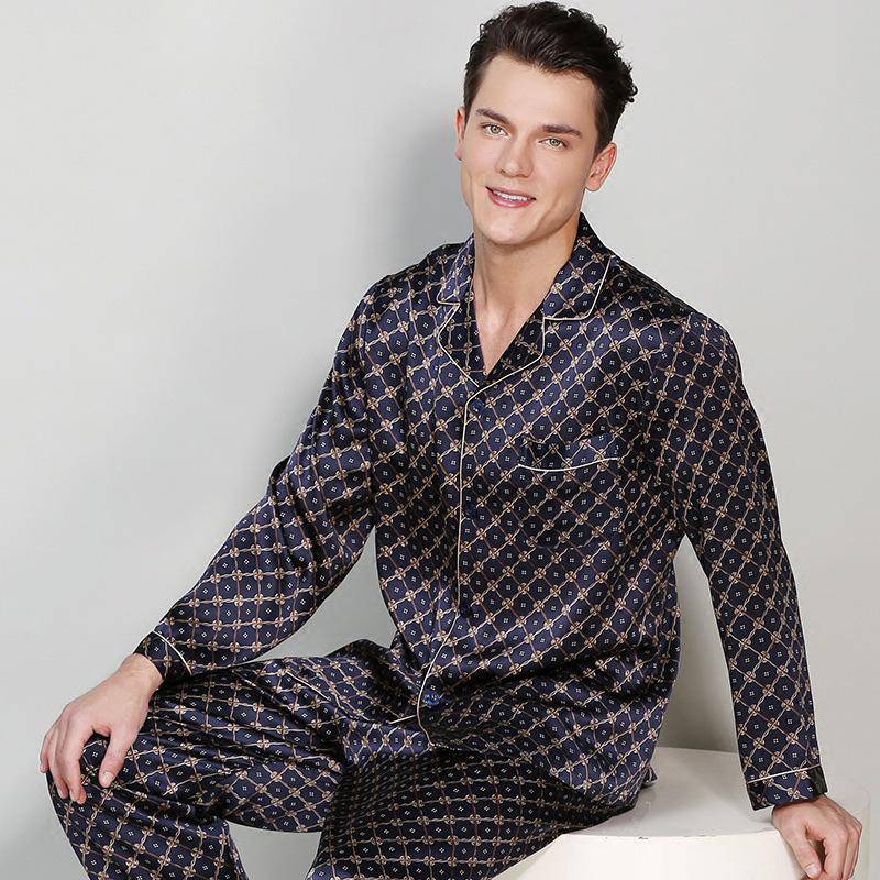 Mulberry Printed Men Silk Pajamas Long Two Piece Silk Pjs Black S