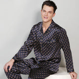 Mulberry Printed Men Silk Pajamas Long Two Piece Silk Pjs Black S