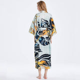 Womens Long Silk Kimono Abstract Leaf Print Kimono Silk Ladies Silk Robe Gray One size fits most