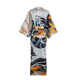 Womens Long Silk Kimono Abstract Leaf Print Kimono Silk Ladies Silk Robe Gray One size fits most