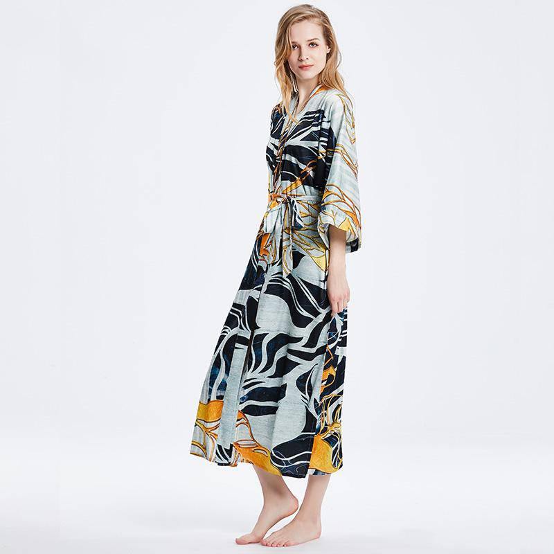 Womens Long Silk Kimono Abstract Leaf Print Kimono Silk Ladies Silk Robe Gray One size fits most