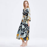 Womens Long Silk Kimono Abstract Leaf Print Kimono Silk Ladies Silk Robe Gray One size fits most