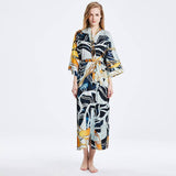 Womens Long Silk Kimono Abstract Leaf Print Kimono Silk Ladies Silk Robe Gray One size fits most