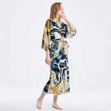 Womens Long Silk Kimono Abstract Leaf Print Kimono Silk Ladies Silk Robe Gray One size fits most