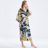 Womens Long Silk Kimono Abstract Leaf Print Kimono Silk Ladies Silk Robe Gray One size fits most