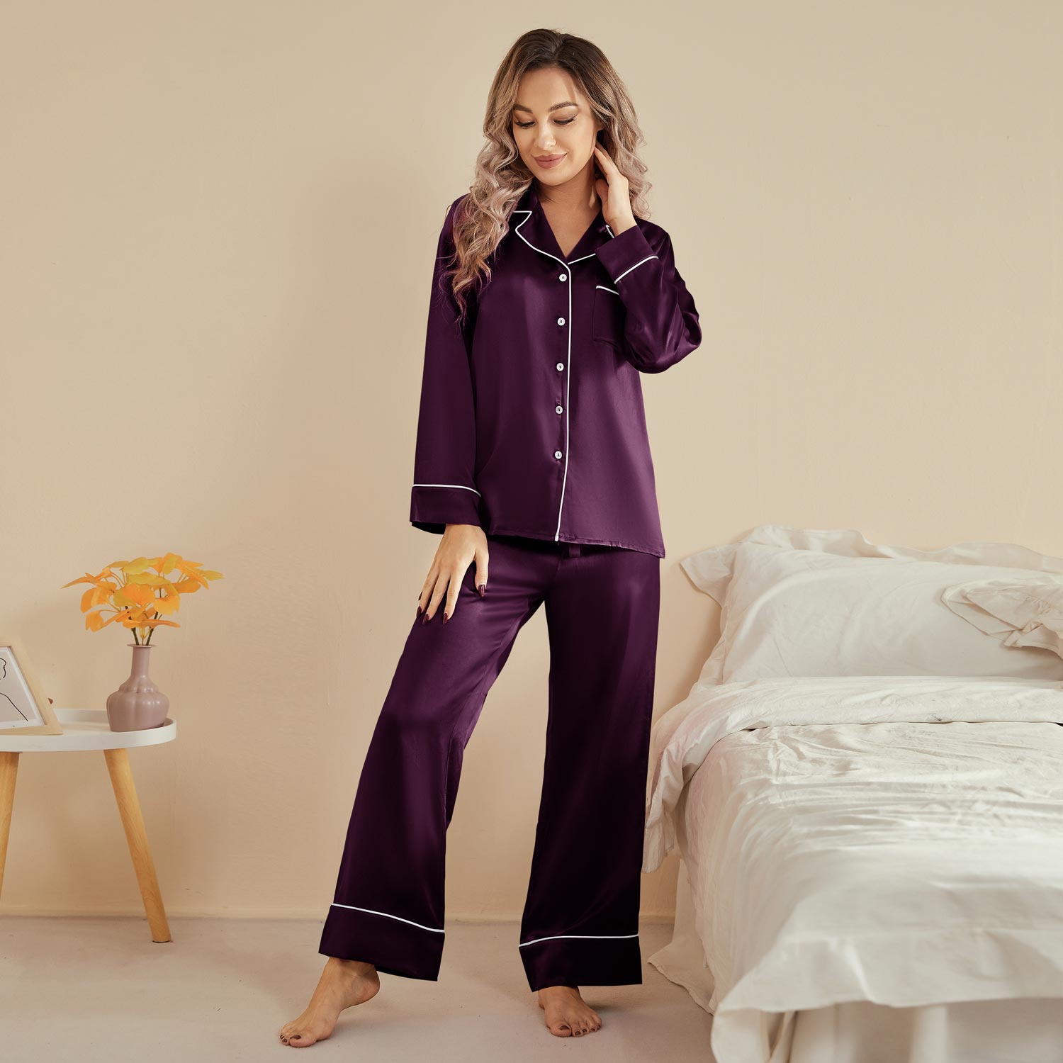Women Silk Pjs Long Sleeves Luxury Silk Pajamas Set Deep Purple XS