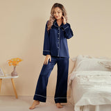 Women Silk Pjs Long Sleeves Luxury Silk Pajamas Set Navy Blue XS