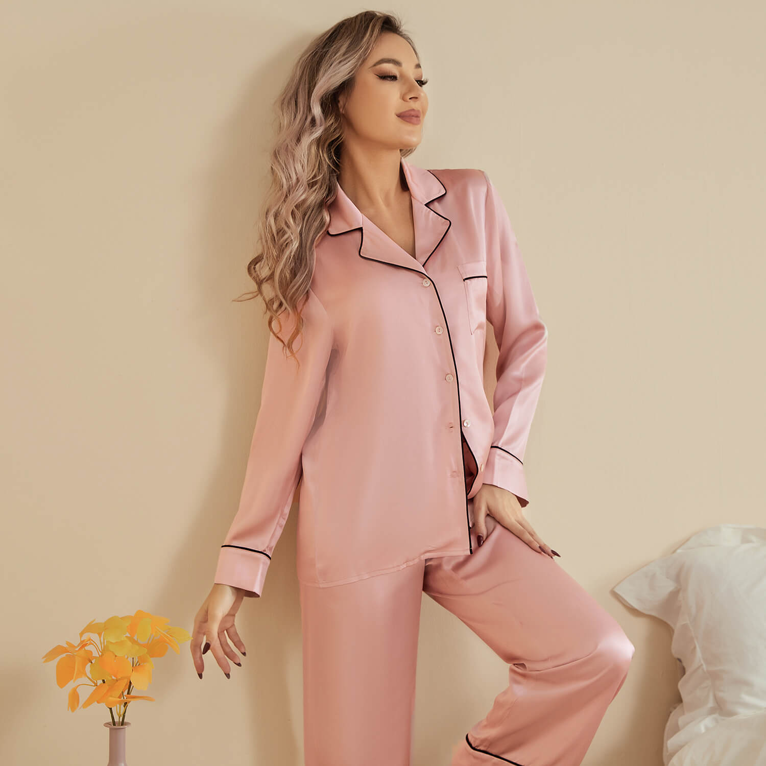 Women Silk Pjs Long Sleeves Luxury Silk Pajamas Set Rosy Pink XS
