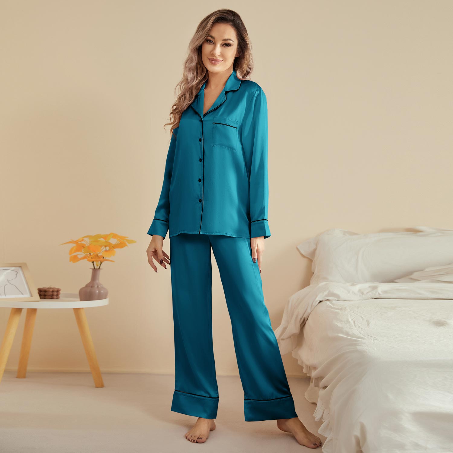 Women Silk Pjs Long Sleeves Luxury Silk Pajamas Set Dark Teal XS