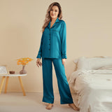 Women Silk Pjs Long Sleeves Luxury Silk Pajamas Set Dark Teal XS