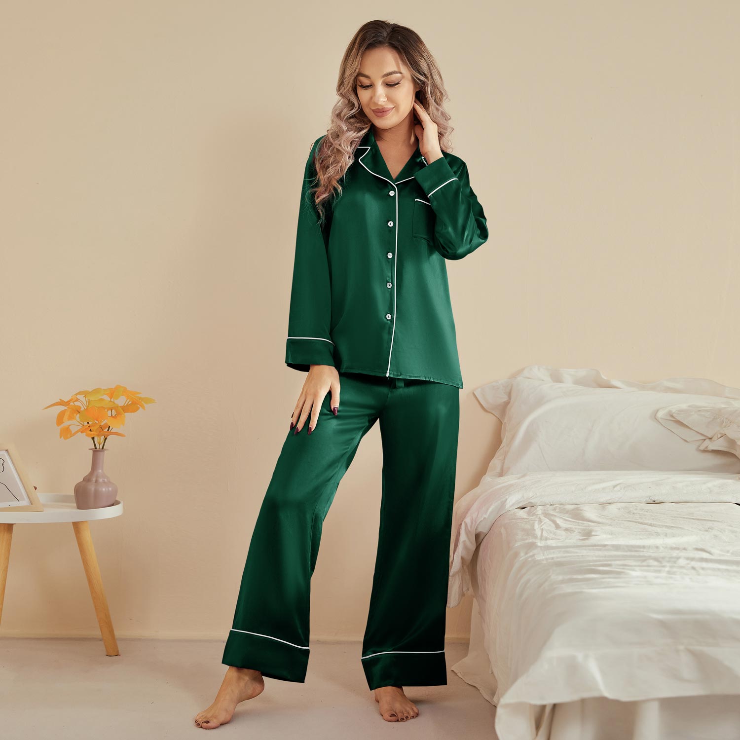 Women Silk Pjs Long Sleeves Luxury Silk Pajamas Set Dark Green XS