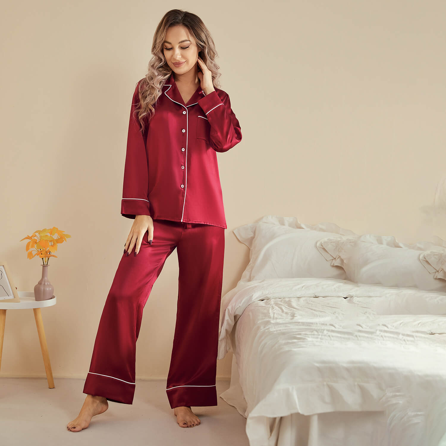 Women Silk Pjs Long Sleeves Luxury Silk Pajamas Set Claret XS