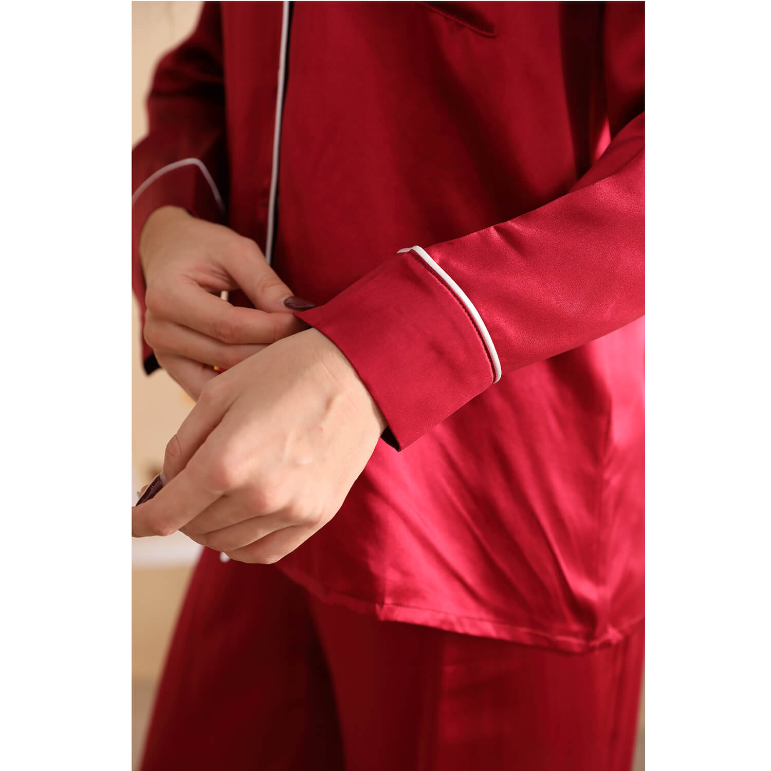 Women Silk Pjs Long Sleeves Luxury Silk Pajamas Set Claret XS