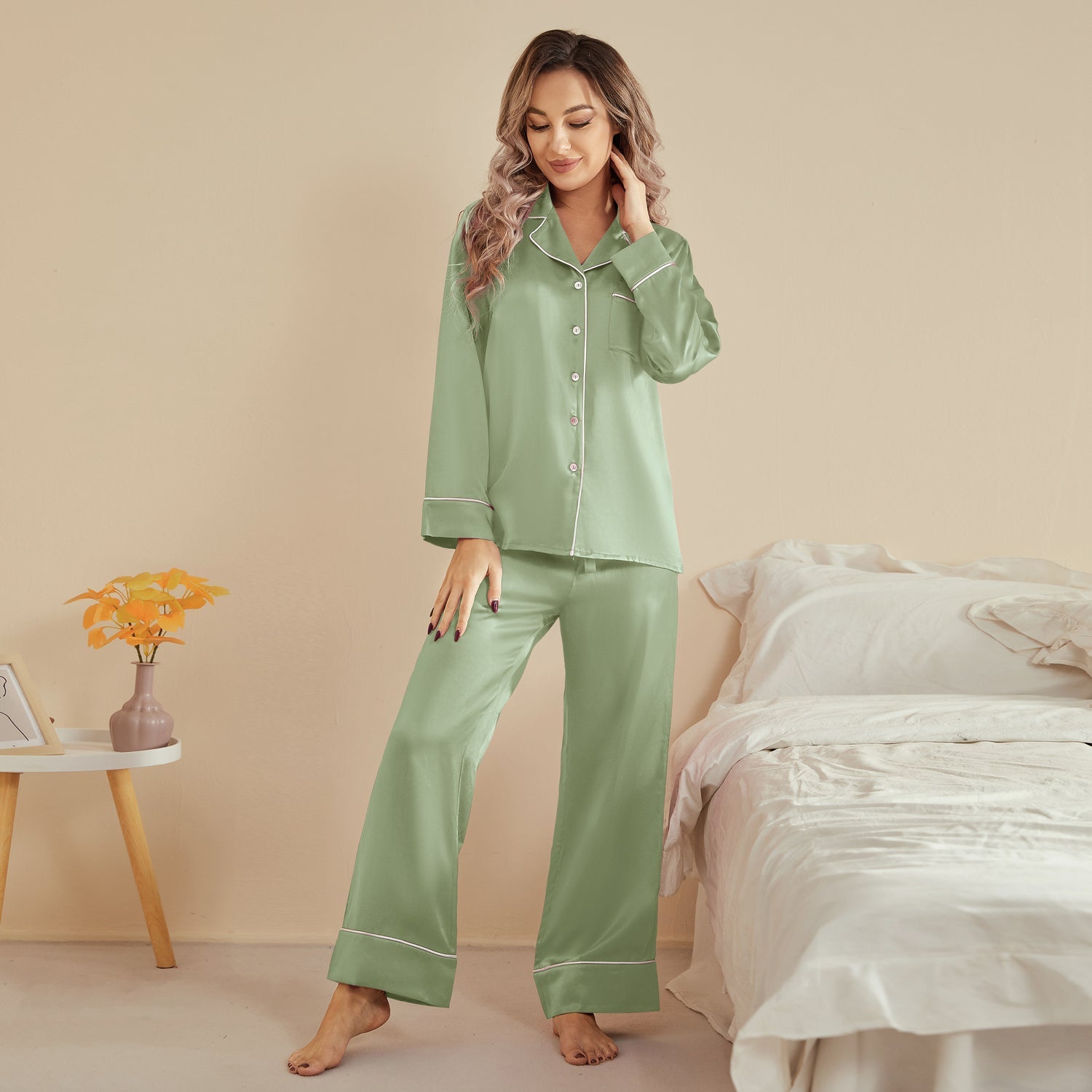 Women Silk Pjs Long Sleeves Luxury Silk Pajamas Set Avocado Green XS