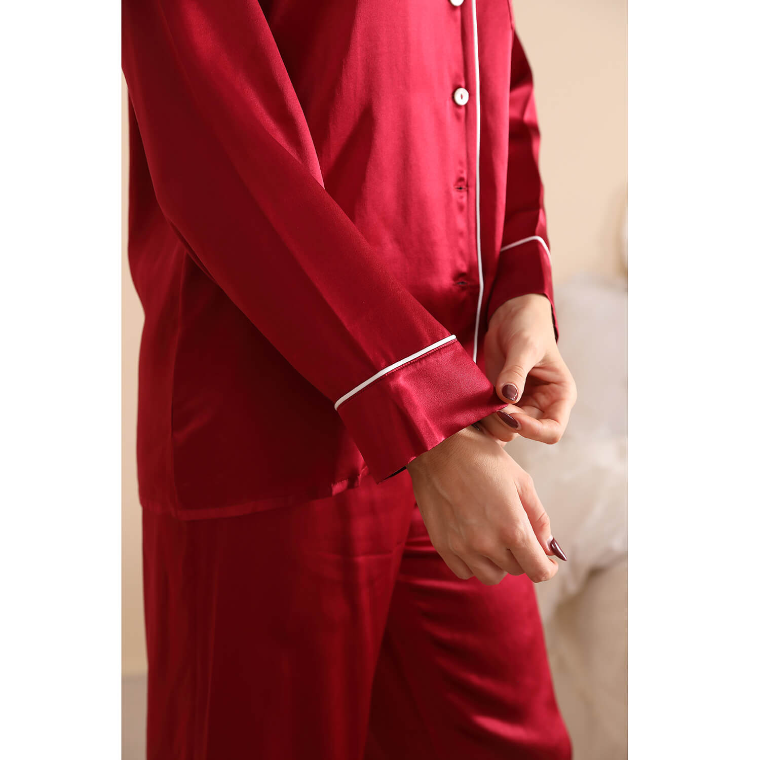 Women Silk Pjs Long Sleeves Luxury Silk Pajamas Set Claret XS