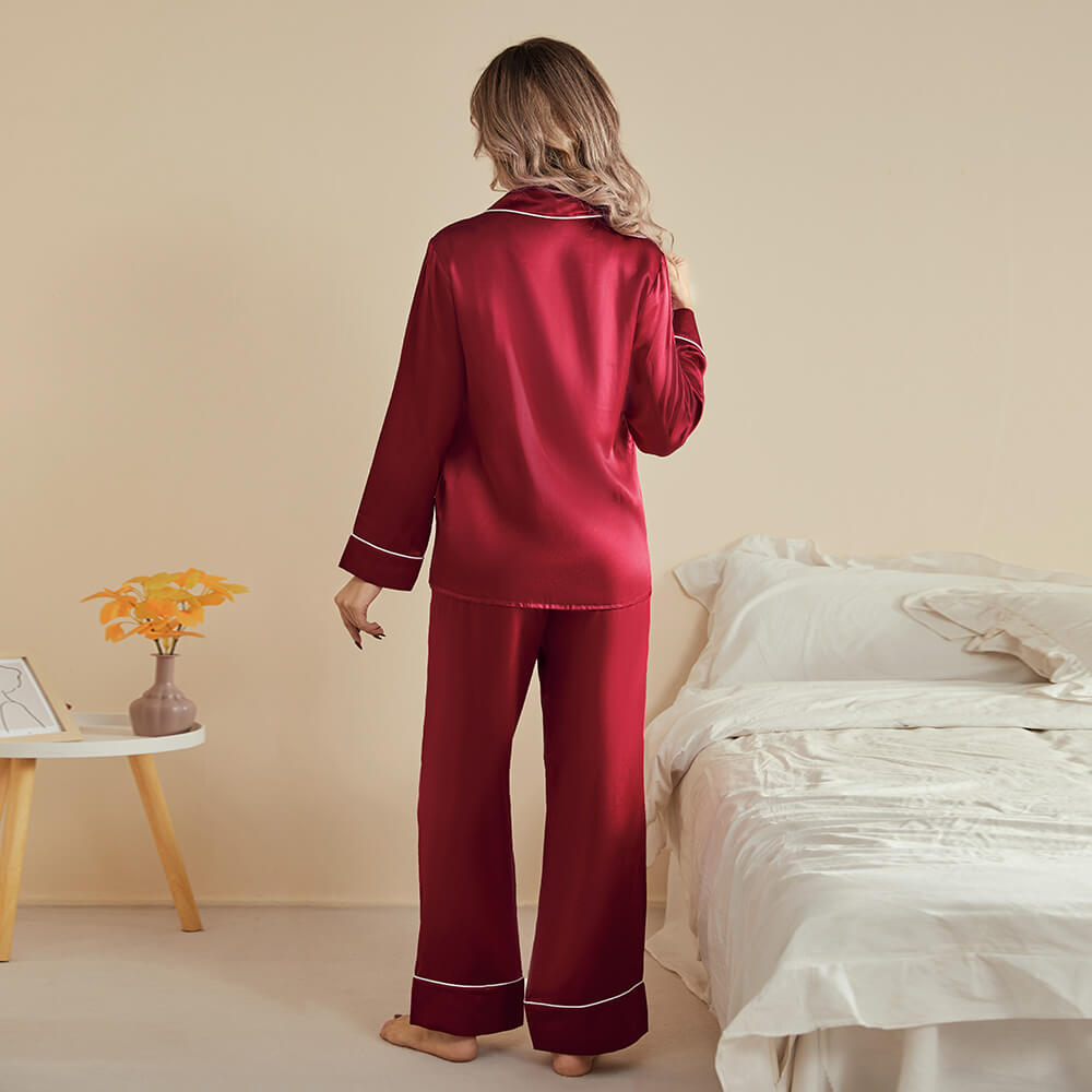 Women Silk Pjs Long Sleeves Luxury Silk Pajamas Set Claret XS