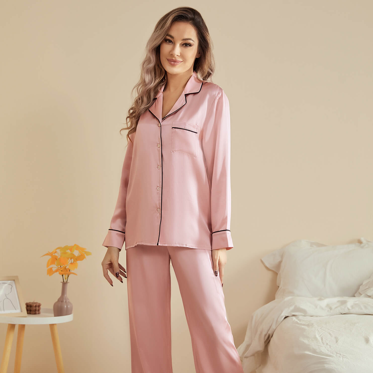 Women Silk Pjs Long Sleeves Luxury Silk Pajamas Set Rosy Pink XS