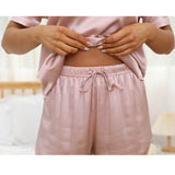 Womens Short Silk Pajamas Set V Neck Silk Two - piece Pj Set Rosy Pink XS