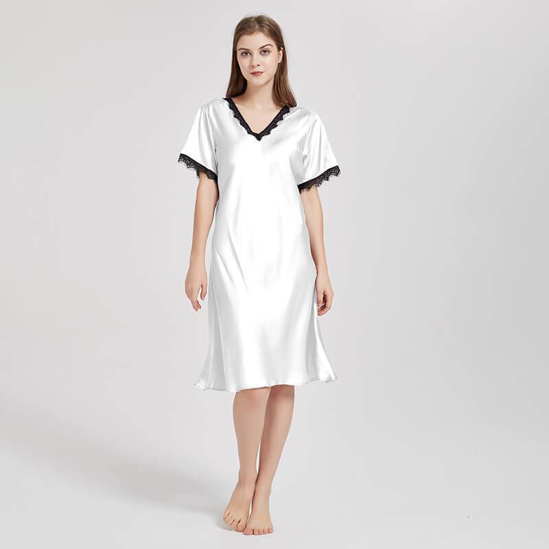 Mulberry Silk Chemise Women's V Neck Silk Lace Nightdress White S