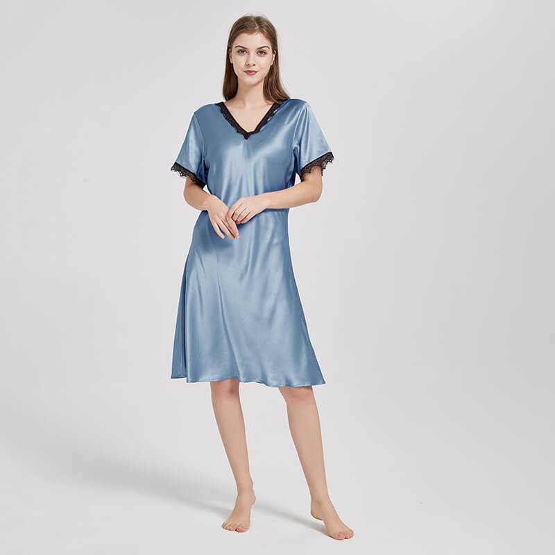 Mulberry Silk Chemise Women's V Neck Silk Lace Nightdress Haze Blue XS