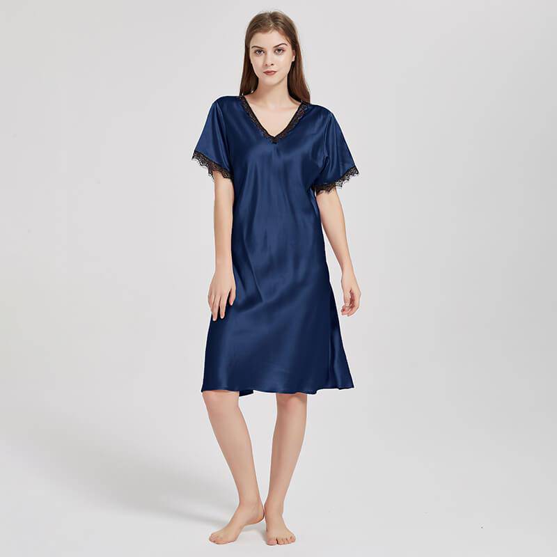 Mulberry Silk Chemise Women's V Neck Silk Lace Nightdress White S