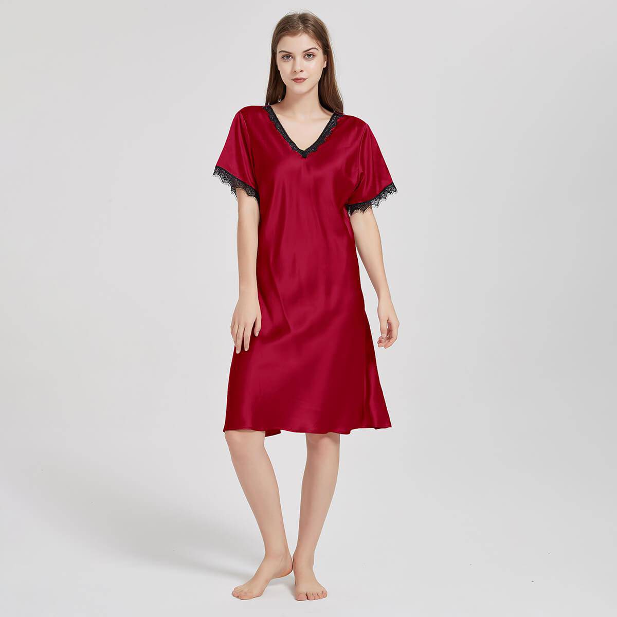 Mulberry Silk Chemise Women's V Neck Silk Lace Nightdress Claret XS