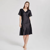 Mulberry Silk Chemise Women's V Neck Silk Lace Nightdress Black XS