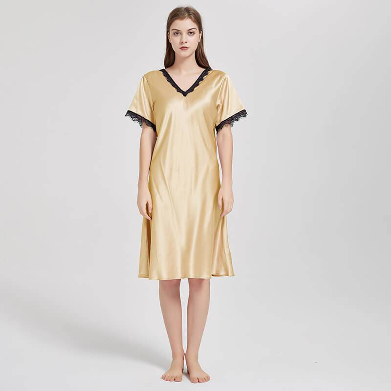 Mulberry Silk Chemise Women's V Neck Silk Lace Nightdress White S