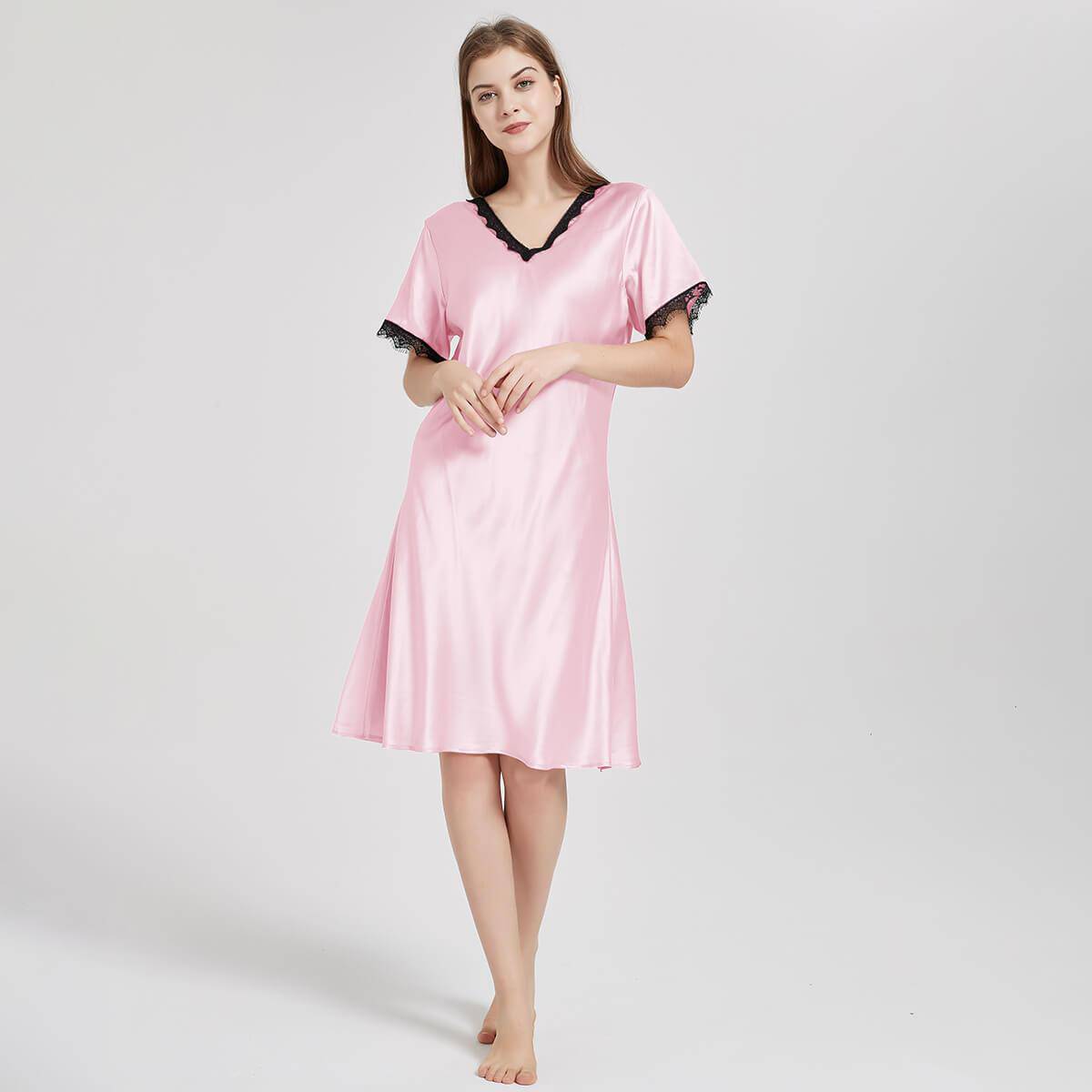 Mulberry Silk Chemise Women's V Neck Silk Lace Nightdress White S