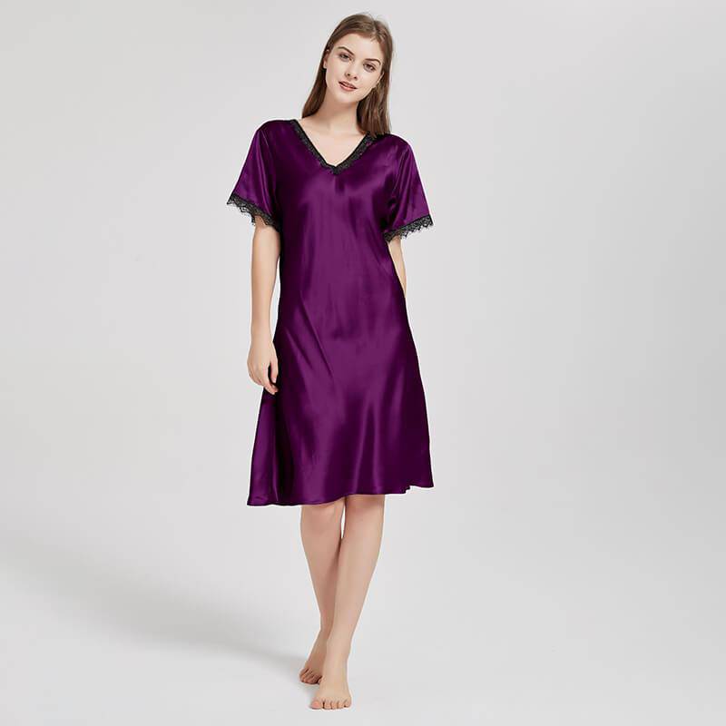 Mulberry Silk Chemise Women's V Neck Silk Lace Nightdress Purple XS